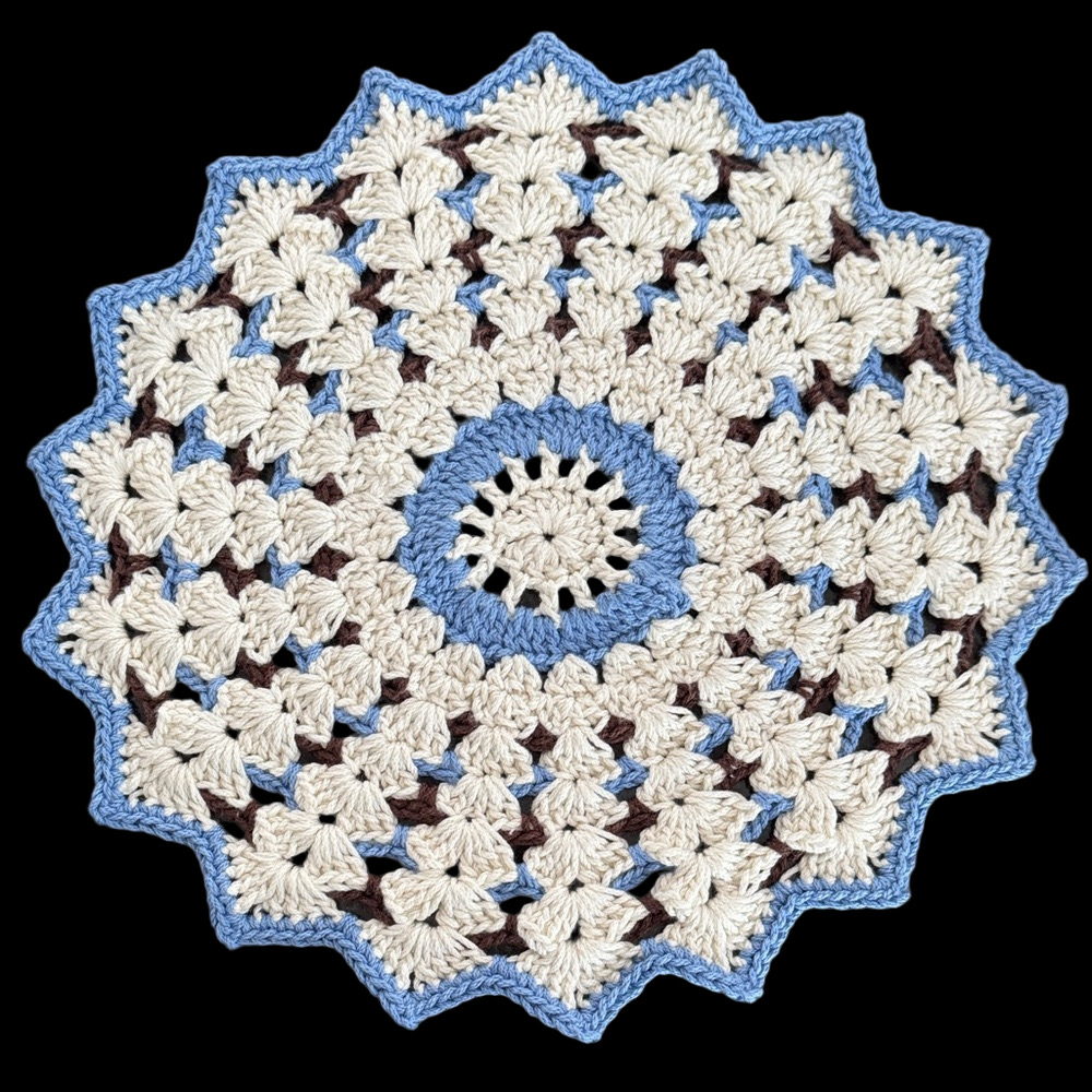 Crochet Doily / Placemat / Trivet in Cream, Blue & Brown - 100% Cotton - 13”